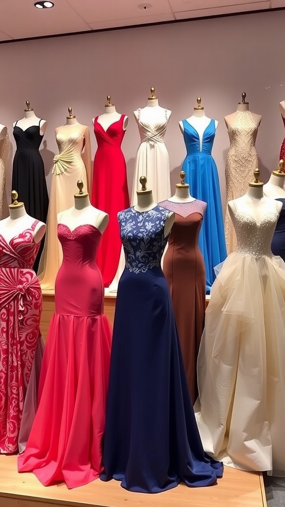 A selection of elegant dinner gowns in various styles and colors, displayed beautifully.
